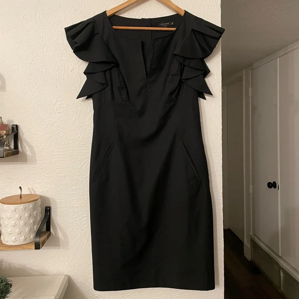 Ted Baker London Black Pencil Black Ruffle Sleeve Dress Size 4 - Picture 4 of 9